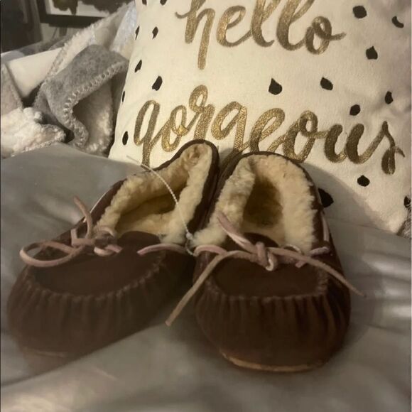 Ugg Australia shearling fur lined moccasin slippers Dakota pink brown guc sz 7 - Picture 6 of 8